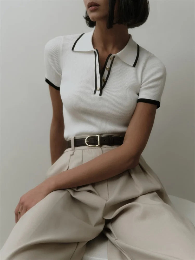 Women's Summer Knit Tops™ Short Sleeve Patchwork Slim Lapel Ribbed Tees