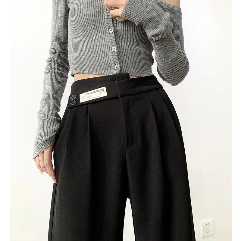 Women's High-Waisted Draped Bell Bottom Trousers™ Loose-Fit Floor-Length Straight-Leg Pants