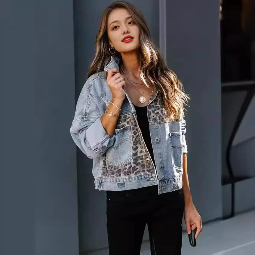 Women's Amazon Denim Jacket™ Long Sleeve Leopard Printed Jacket