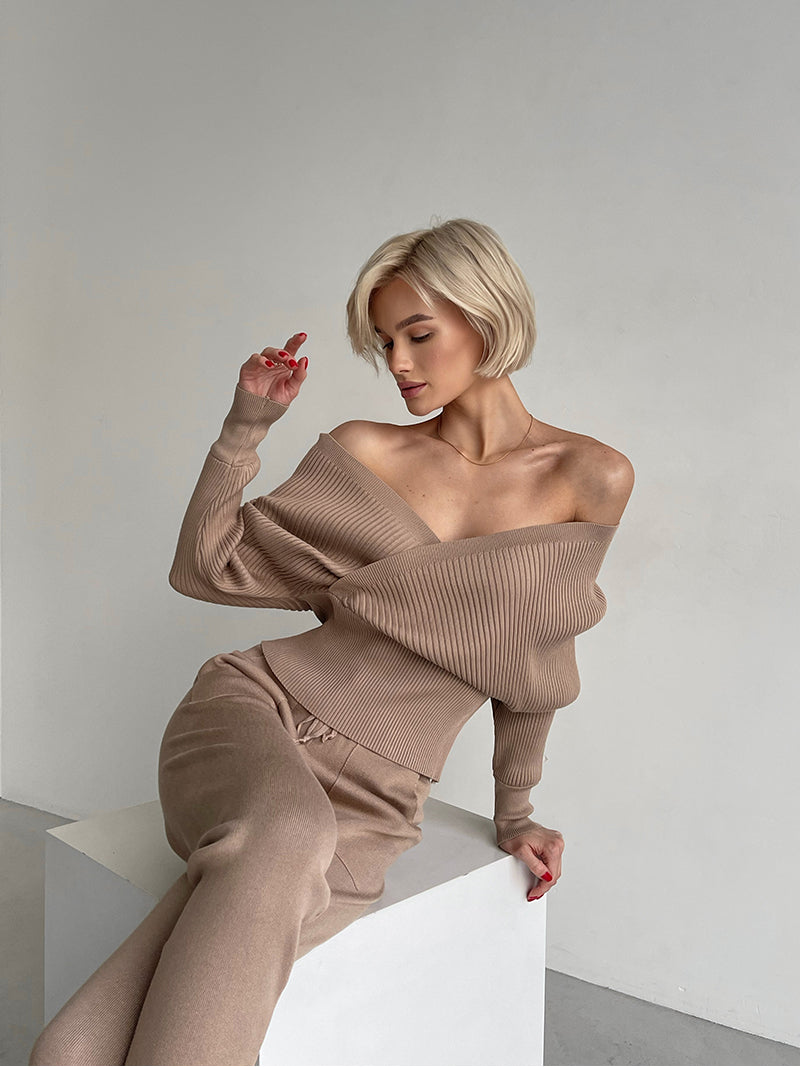 Women's Knitted Tracksuit™ Off Shoulder Knitted Long Sleeve Sweater  and Pants Suits