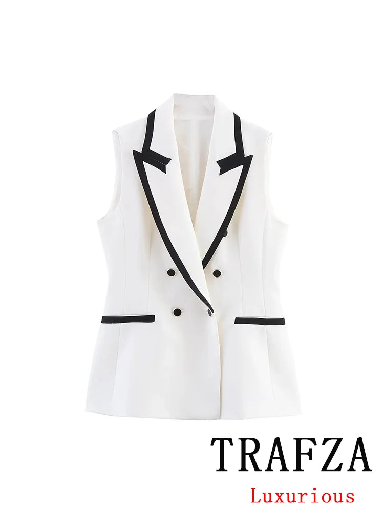 Women's Summer Suit™ TRAFZA Causal Chic Patchwork V Neck Double Breasted Vest Blazer Straight Shorts Spring Summer Sets