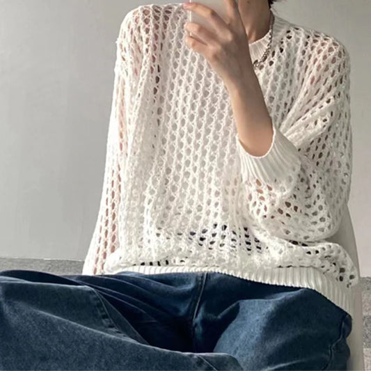 HELIAR Women's Hollow Out T-shirts™ Long Sleeve O-Neck Loose Casual Knit Sweater