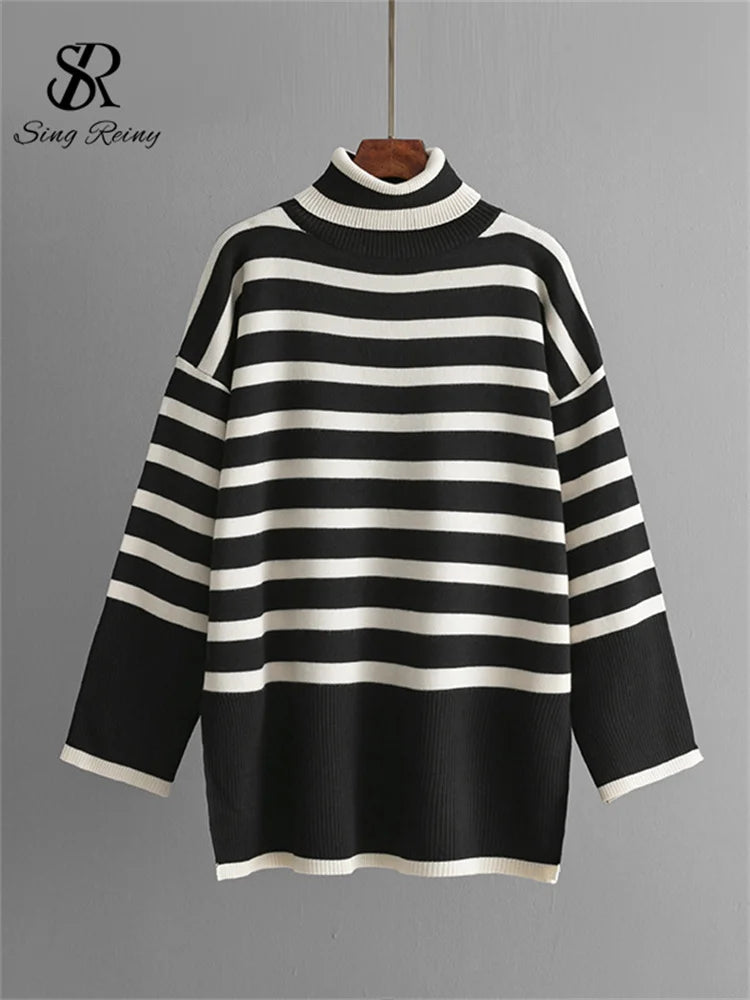 Women's Suits™ SINGREINY Striped Turtleneck Sweater High Waist Wide Leg Pants Knitted Loose Suits