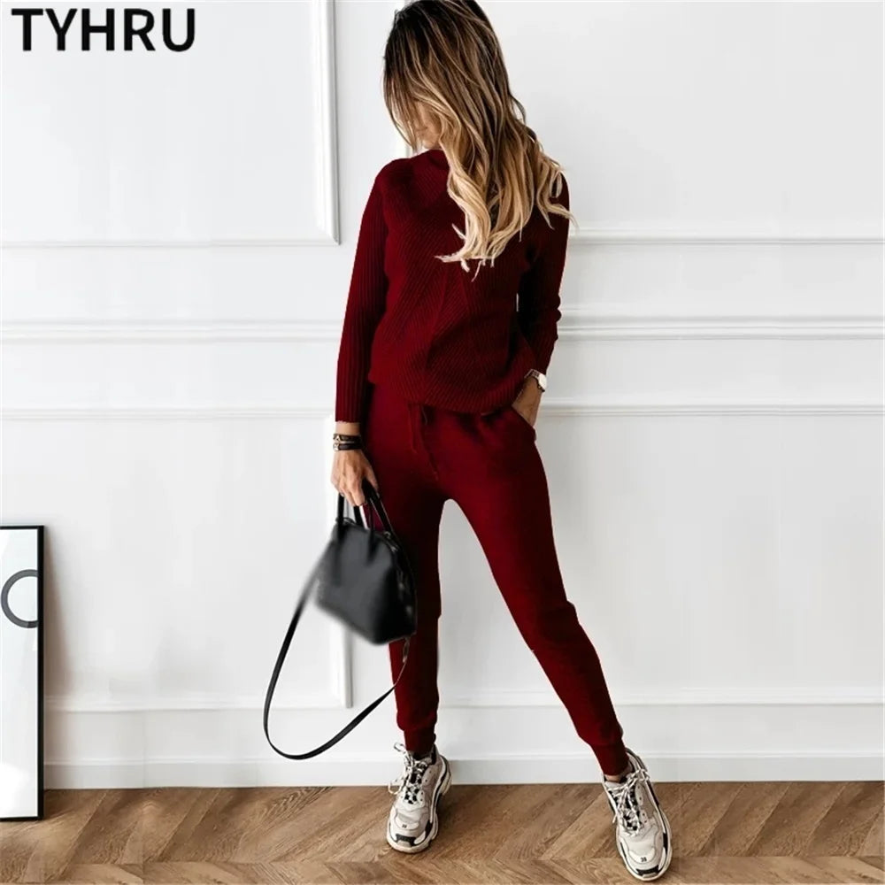 Women's tracksuit™ TYHRU Autumn Winter Knitted Striped Turtleneck Sweater and Elastic Trousers Set