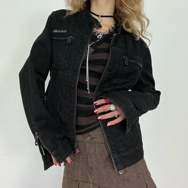 Rockmore Women's Double Zipper Denim Jackets™ Harajuku Cargo Style Casual Vintage Long Sleeve Jacket