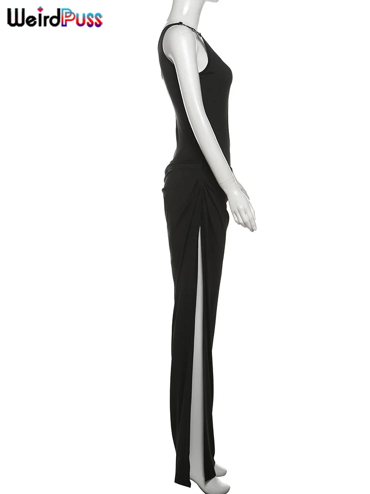 Women's Metal Buckle Dress™ Irregular Hollow Split One Shoulder Skinny Maxi Bodycon Dress