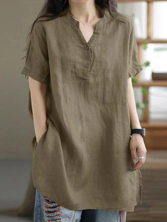 Women's Cotton and Hemp Shirt™ Commuting Style Casual Half Open Short Sleeve Shirt