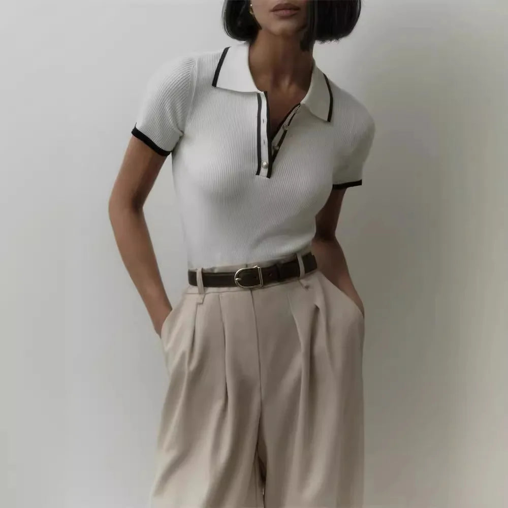 Women's Summer Knit Tops™ Short Sleeve Patchwork Slim Lapel Ribbed Tees