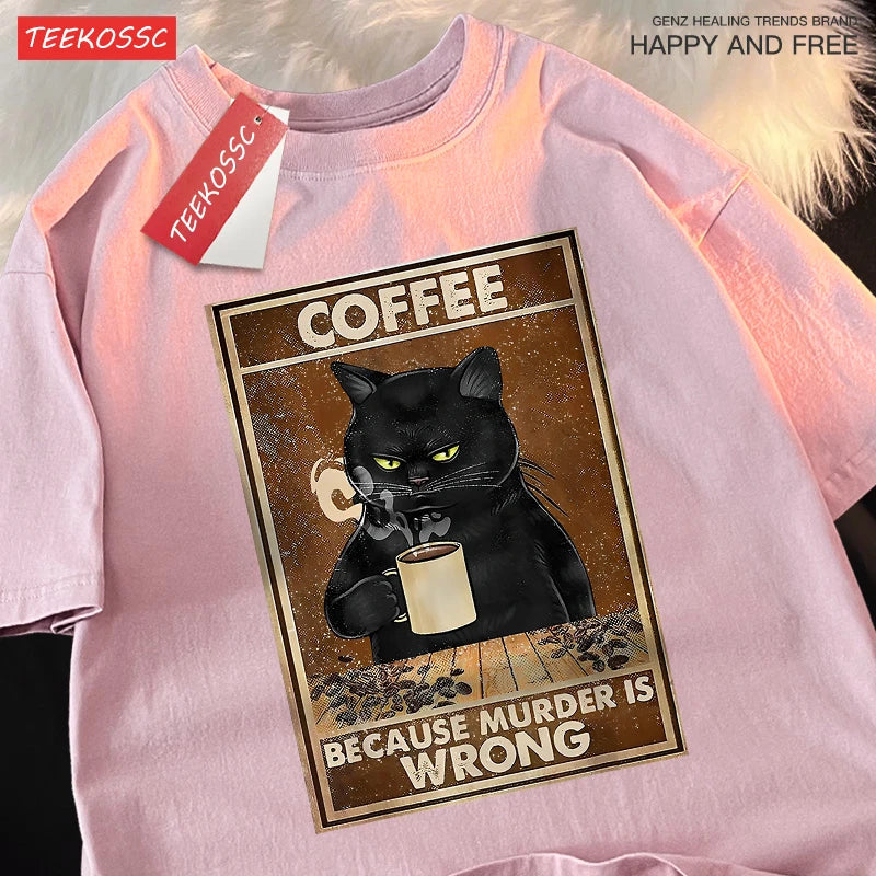 Men & Women Oversized T Shirts™ Black Cat Drink Coffee Cotton Streetwear T-Shirt