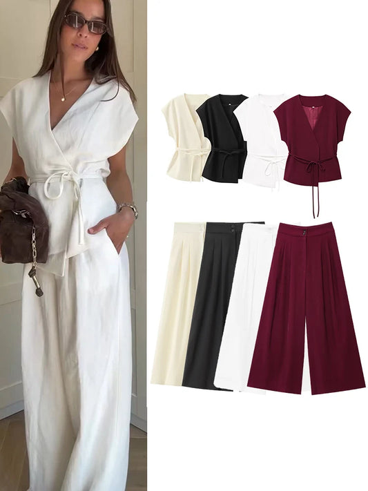 Women's TFMLN Suits™ Sleeveless V-Neck Top With Belt + Straight Pants Set