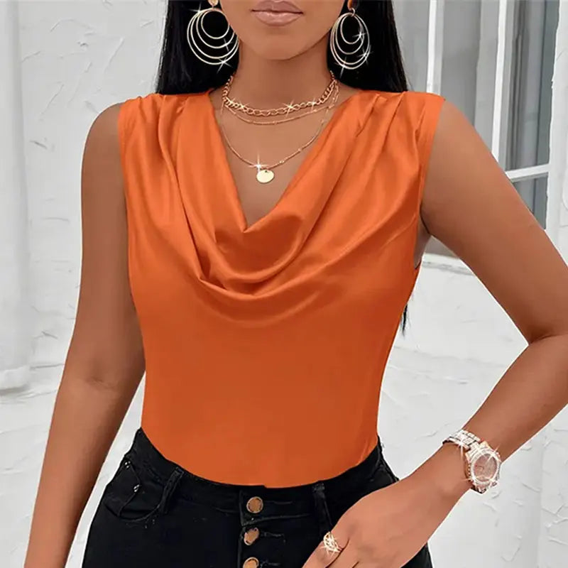Women's Silk-Like Satin Tank Tops™ Strappy Cowl Neck T-Shirts