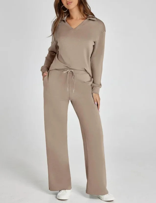 Women's 2 Piece Set™ Loose Long Sleeve V-Neck Top with Drawstring Elastic Waist Bell BottomsSet