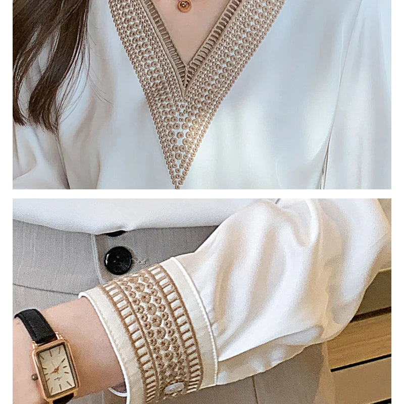 Women's Elegant Chiffon Shirt™ White V Neck Casual Loose Long Sleeve T-shirt