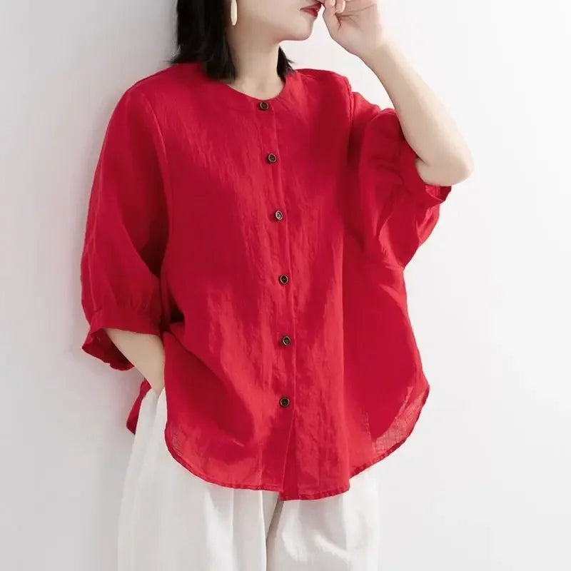 Women's Cotton Linen Shirts™ Loose Fit Round Neck Plus Lantern Sleeve Shirt