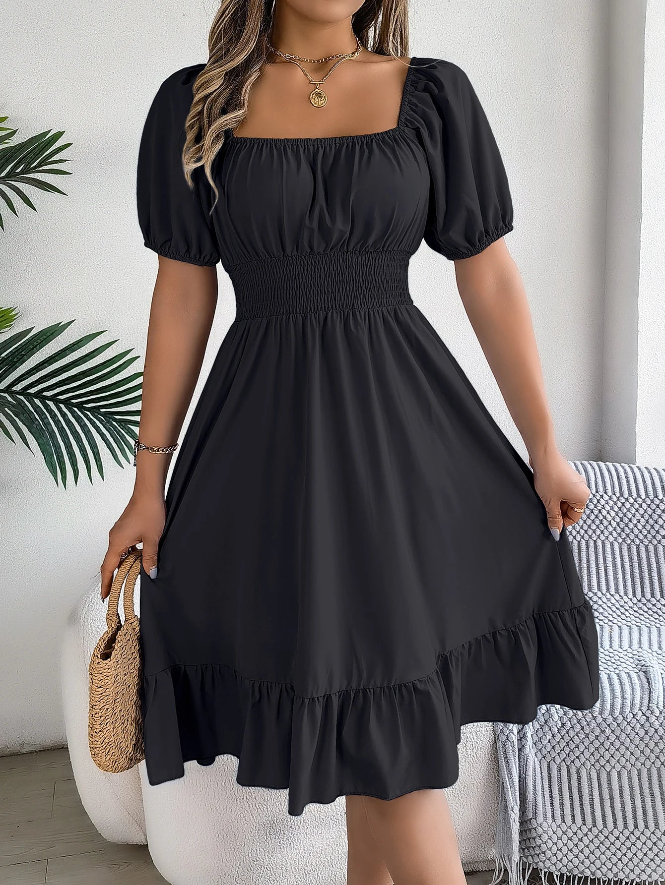 Women's Solid Puff Sleeve Square Neck Dress™ Ruched Bust Ruffle Hem Waist Dress,