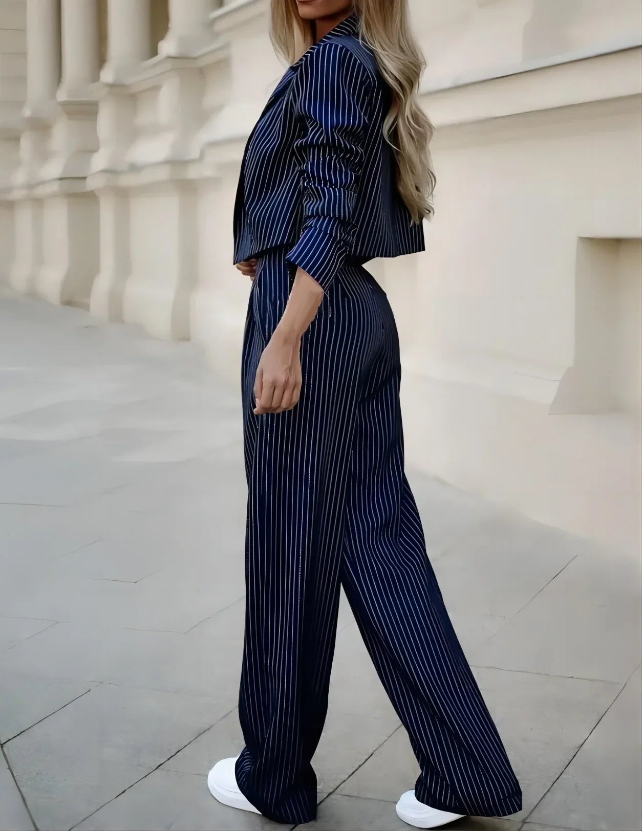 Women's Suit™  Europe and America Temperament Casual Striped Short Style Collar Suit Straight Leg Pants Set