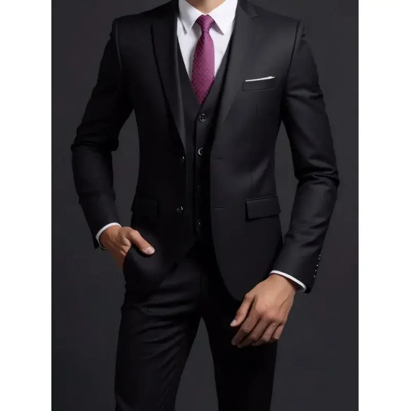 Men's Suit (Blazer+ Vest + Trousers) British Style Solid-color Suit