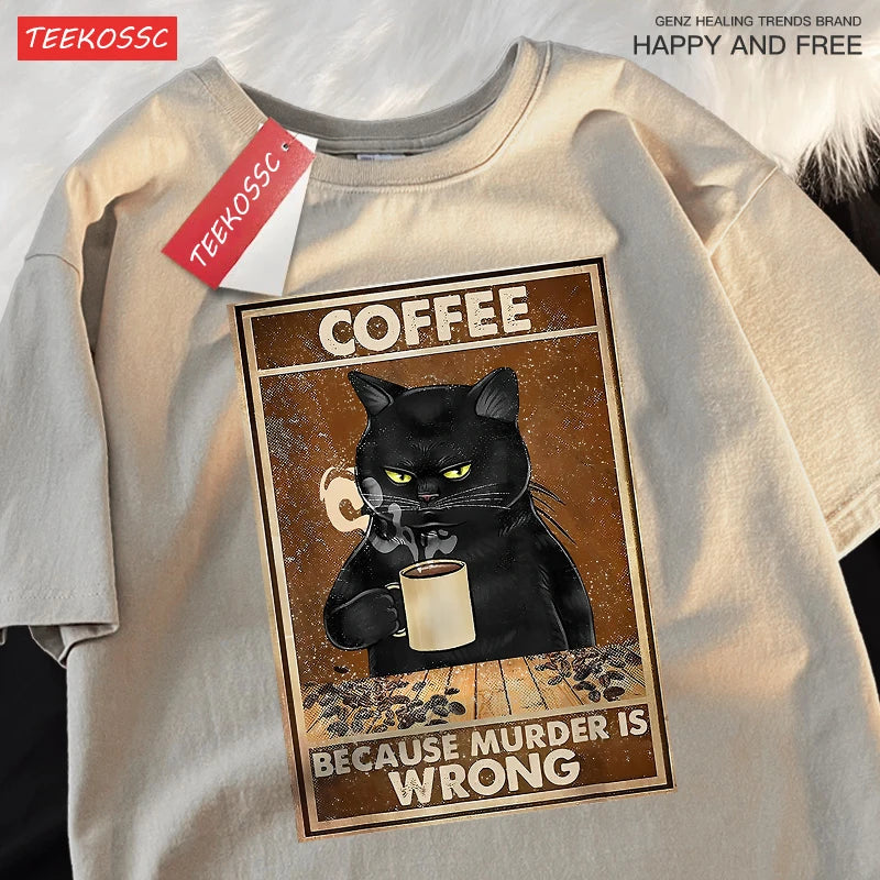 Men & Women Oversized T Shirts™ Black Cat Drink Coffee Cotton Streetwear T-Shirt