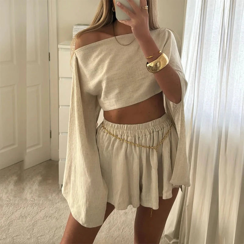 Women's Summer Suit™ Cotton Linen Vintage Skew Collar Long Sleeved Top Shorts Asymmetric Suit