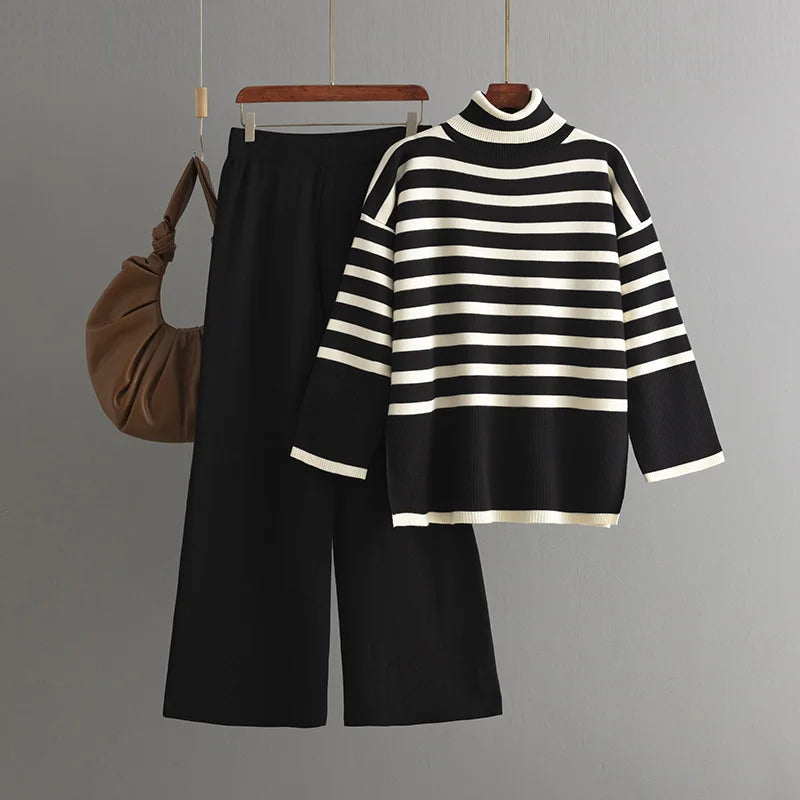 Women's Suits™ SINGREINY Striped Turtleneck Sweater High Waist Wide Leg Pants Knitted Loose Suits
