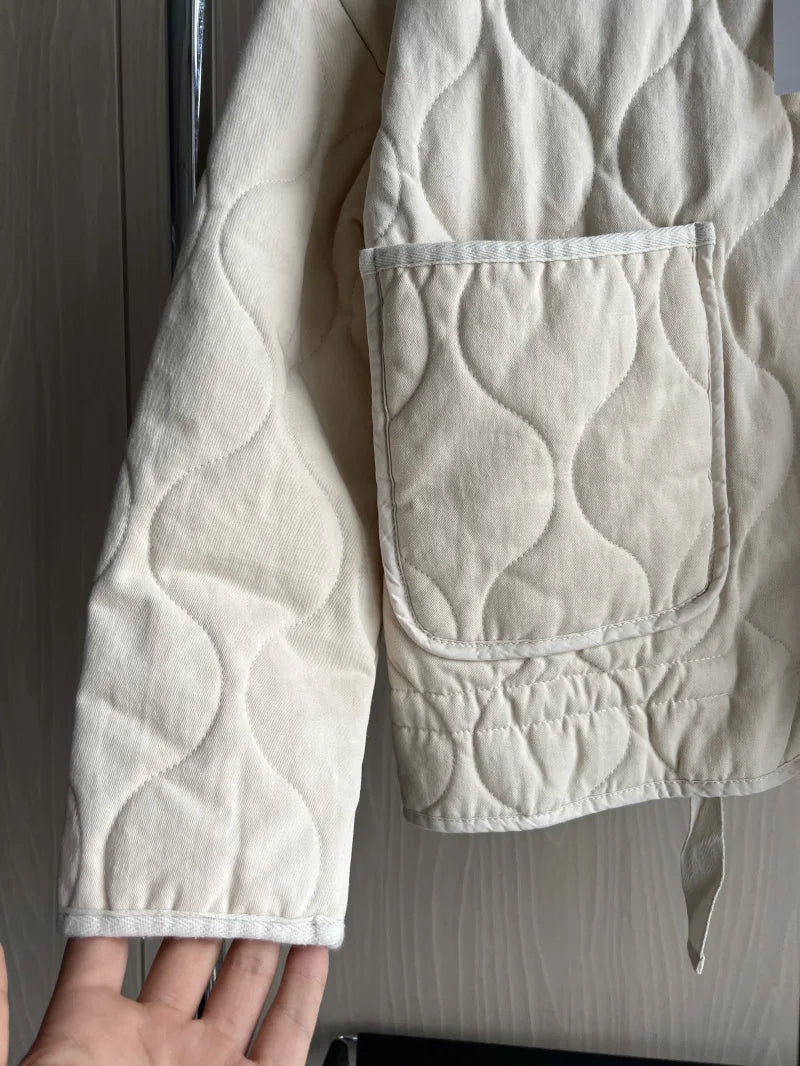 ZW Women's Cotton Jacket™ Traf New Arrival Vintage Lensing Rayon High Collar Large Pocket Quilted Coat
