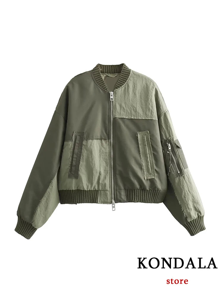 Women's Army green Bomber™ Jackets  KONDALA Patchwork Zipper Pockets Oversized Coats