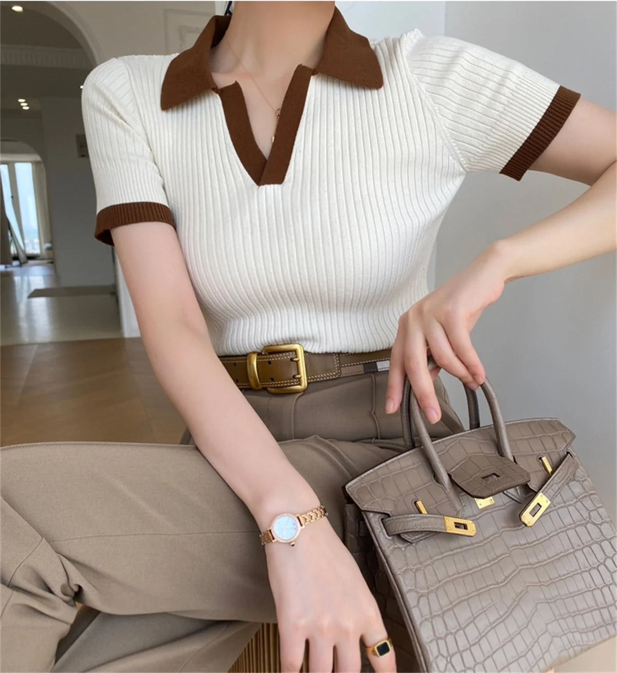 Women's V Neck Knitted Tops™ Short Sleeve Slim Casual Vintage T-shirt