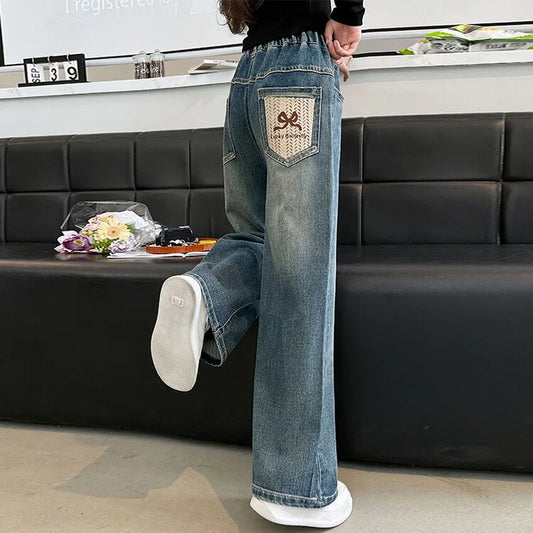 Girl's Pocket Bow Embroidery Jeans™ Teenage Wide Leg Loose Denim Pants