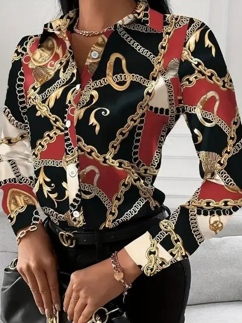 Women's Shirt™ Chain Print Button Front Long Sleeve Shirt
