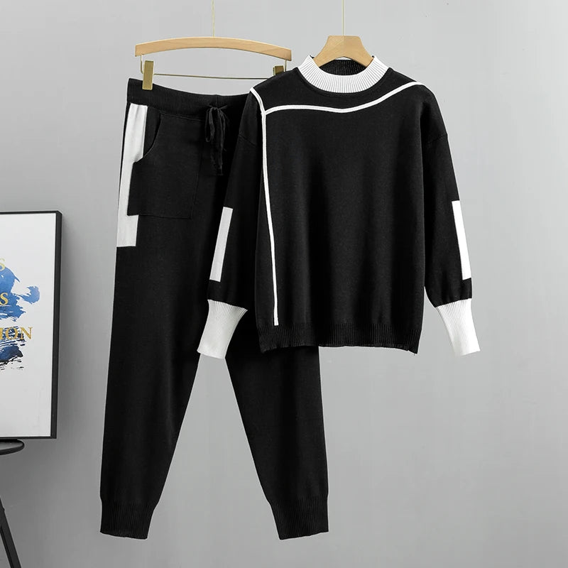 Women's Knitted Suit™ Autumn 2 Pieces Set Knitted Long Sleeve Pullovers Sweater Casual Patchwork Fashion Tops and Pants Suit