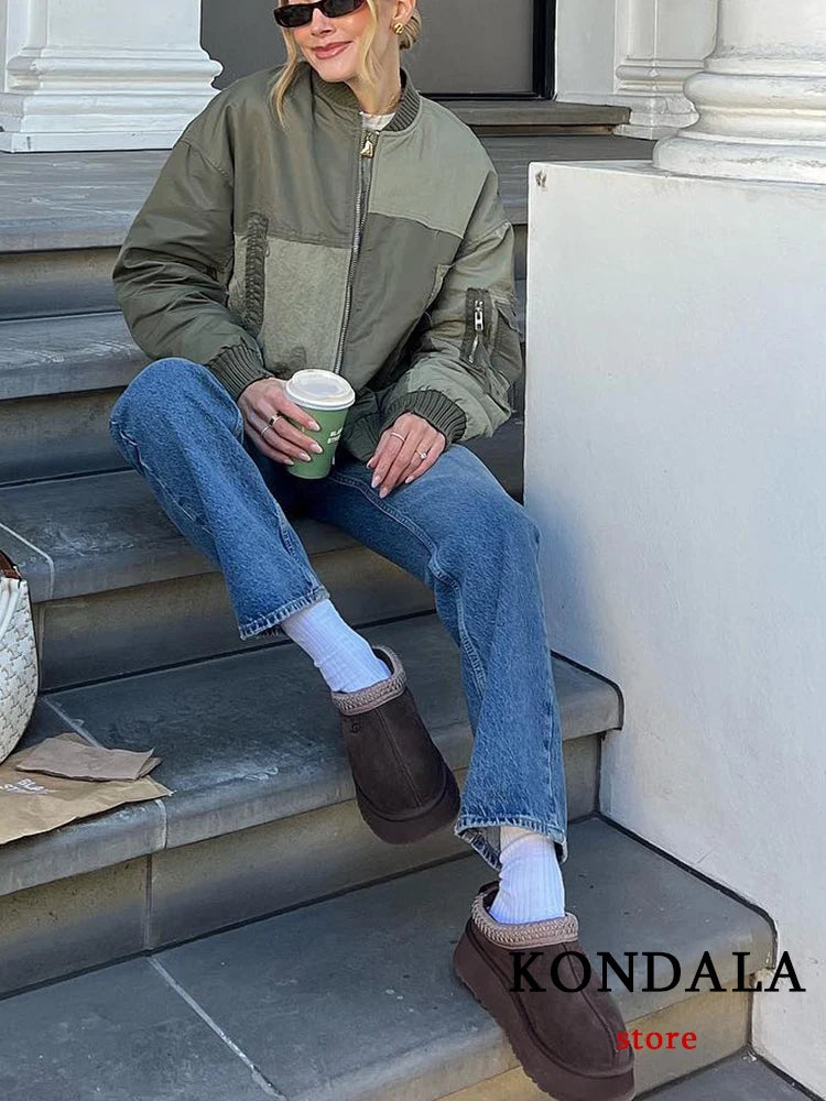 Women's Army green Bomber™ Jackets  KONDALA Patchwork Zipper Pockets Oversized Coats