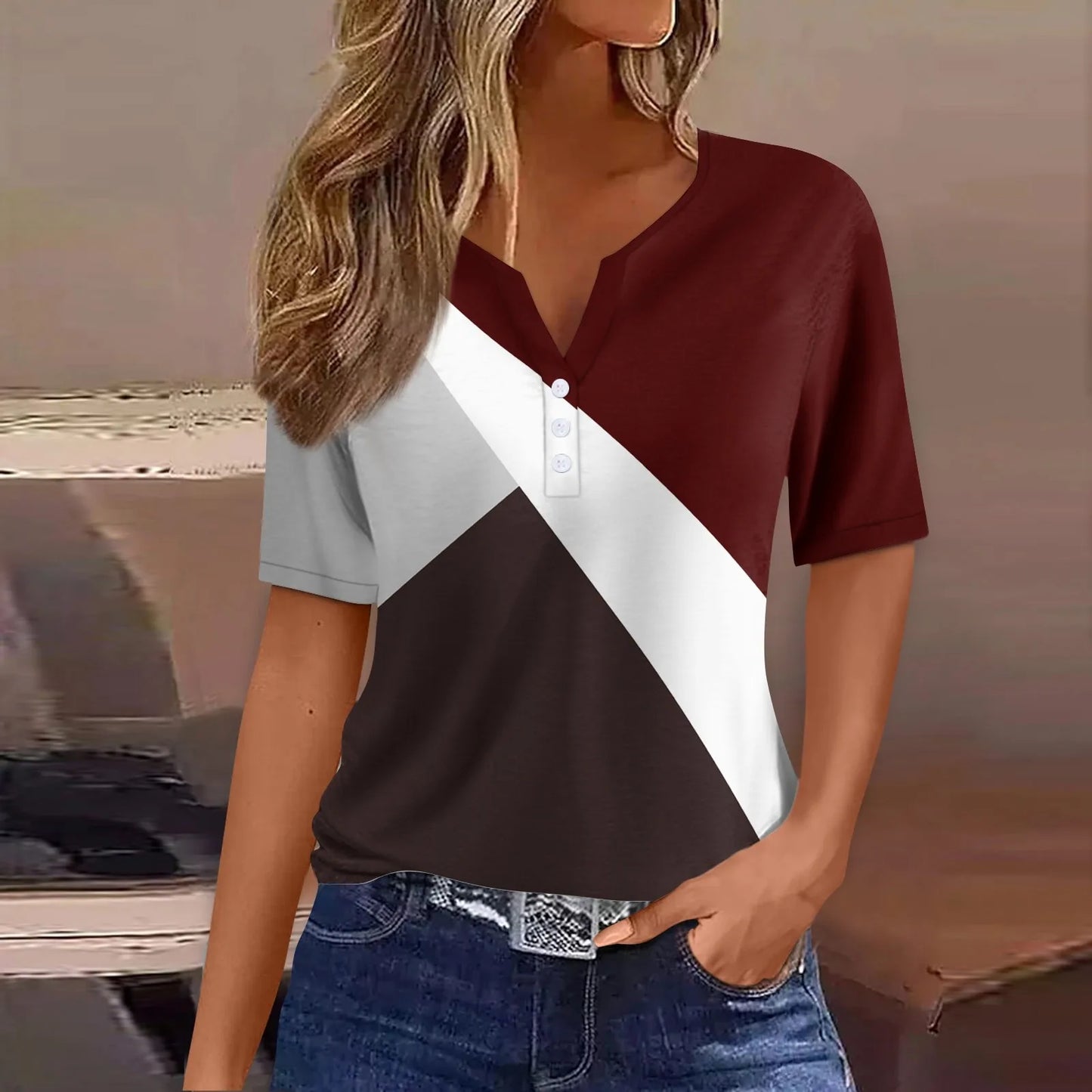 Women's Summer Patchwork T-Shirts™ Short Sleeve Loose Ladies V-Neck Tops