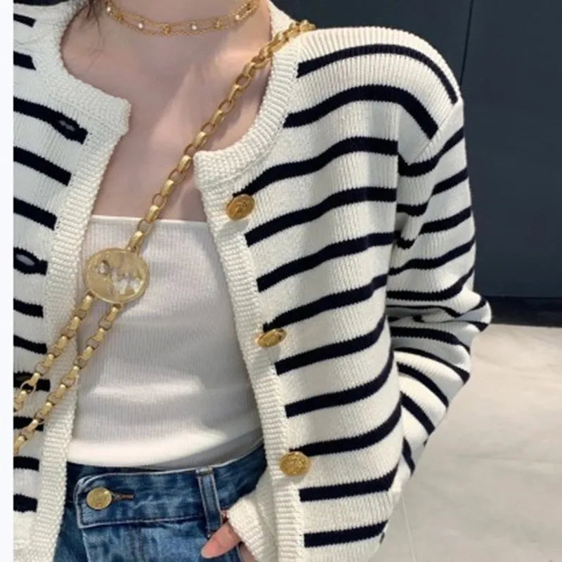 Women Stripe Knitted Cardigans Sweater™ O-neck Single Breasted Long Sleeve Sweaters