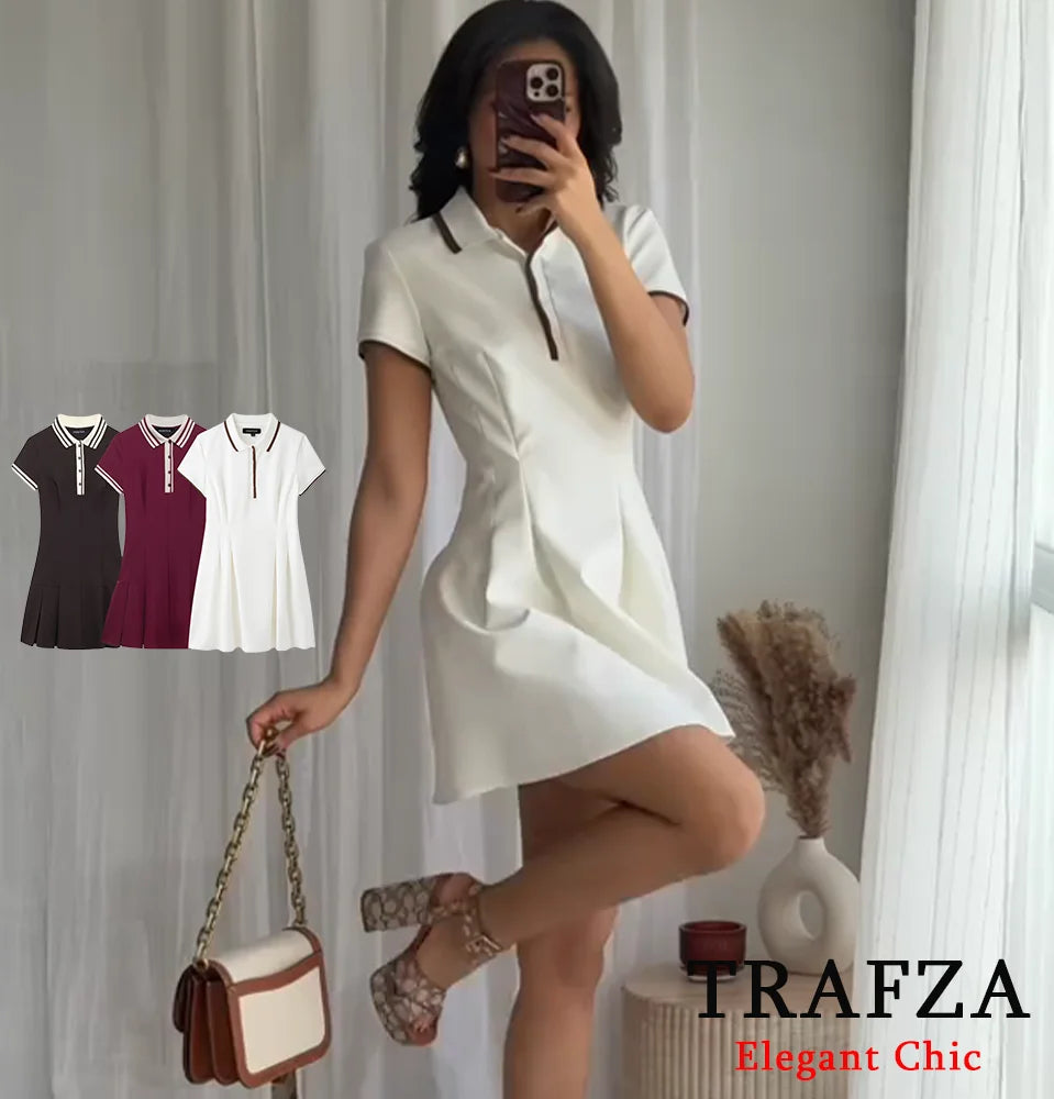 TRAFZA-Women's Burgundy Dress™ Contrasting Ribbed Lapel Buttons Classic Campus Dress