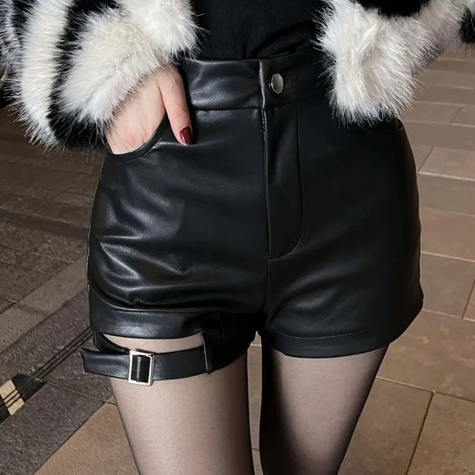 Women's Shorts™ High Waist PU Leather Versatile Hot Shorts Hollow out Buckle Slim Shorts