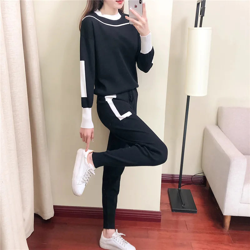 Women's Knitted Suit™ Autumn 2 Pieces Set Knitted Long Sleeve Pullovers Sweater Casual Patchwork Fashion Tops and Pants Suit