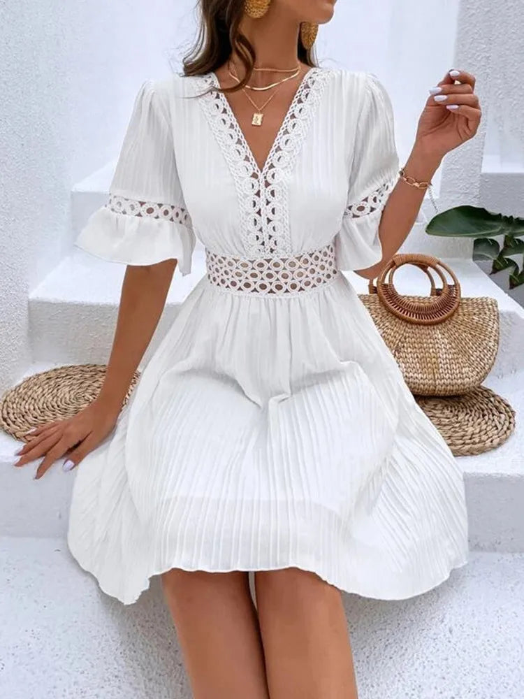 Women's Fashion Elegant Dress™ Ruffle Sleeve V-neck Woven Hollow White Simple Waist Dress