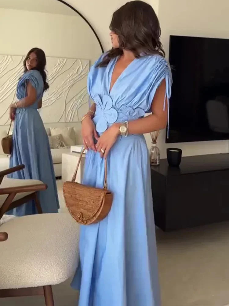 Women's V-Neck Blue Dress™ Waist-Fitted Bow-Decored Long Dress