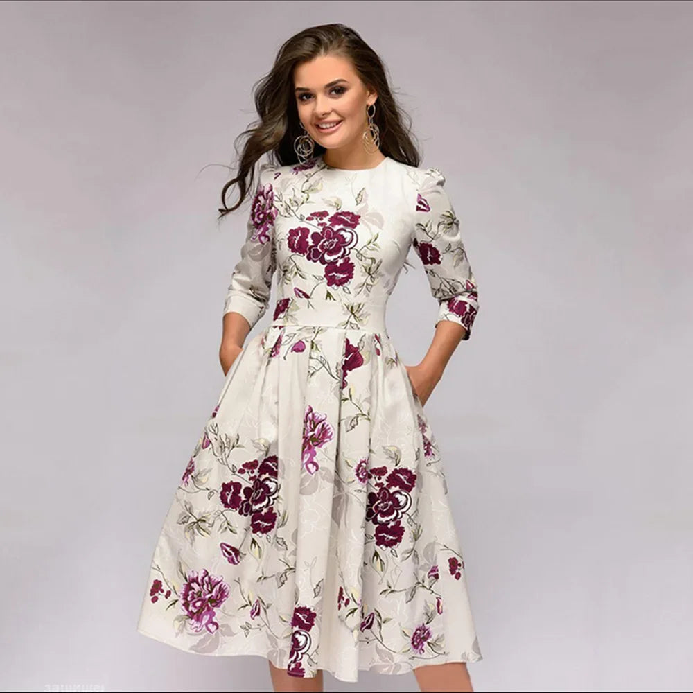 Women's Dress™ Seven-eighth Sleeve Printed A- line Ruffles Dress