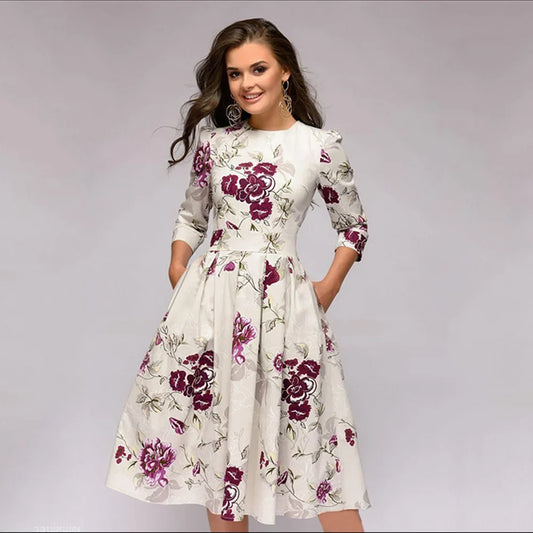 Women's Dress™ Seven-eighth Sleeve Printed A- line Ruffles Dress