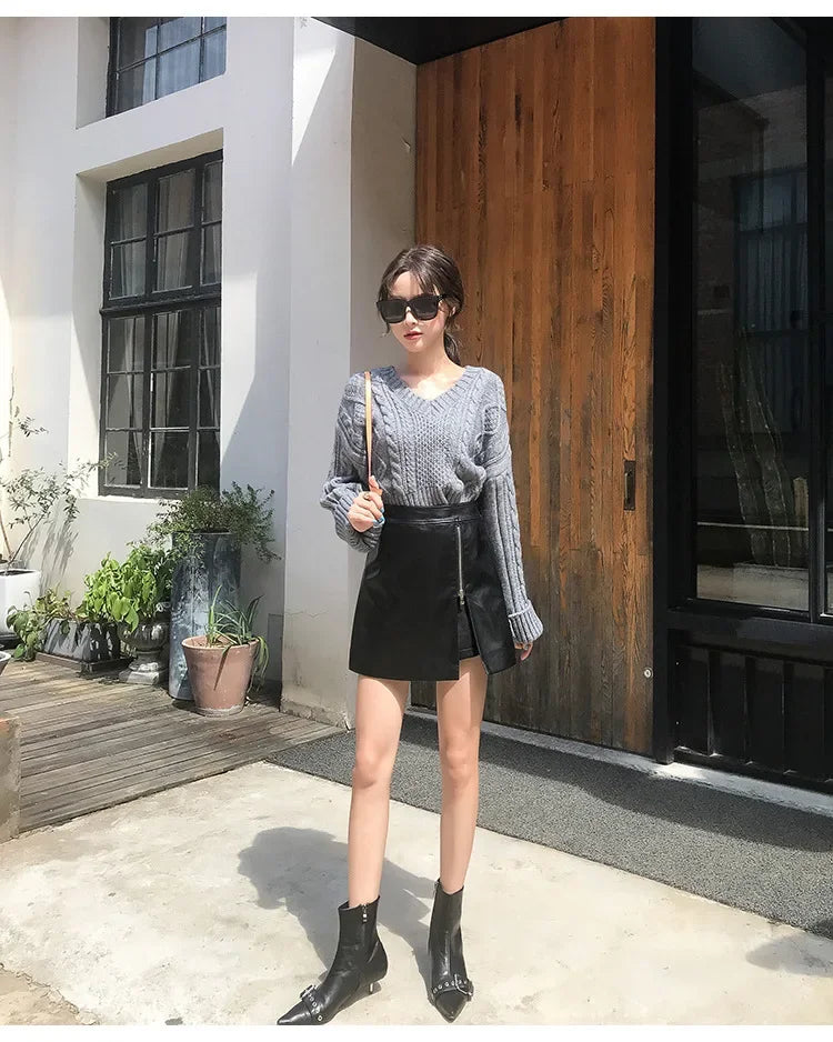Women's Mini Dress™ Fashionable Zippered Pu Leather Slimming High-waisted A- line Skirt