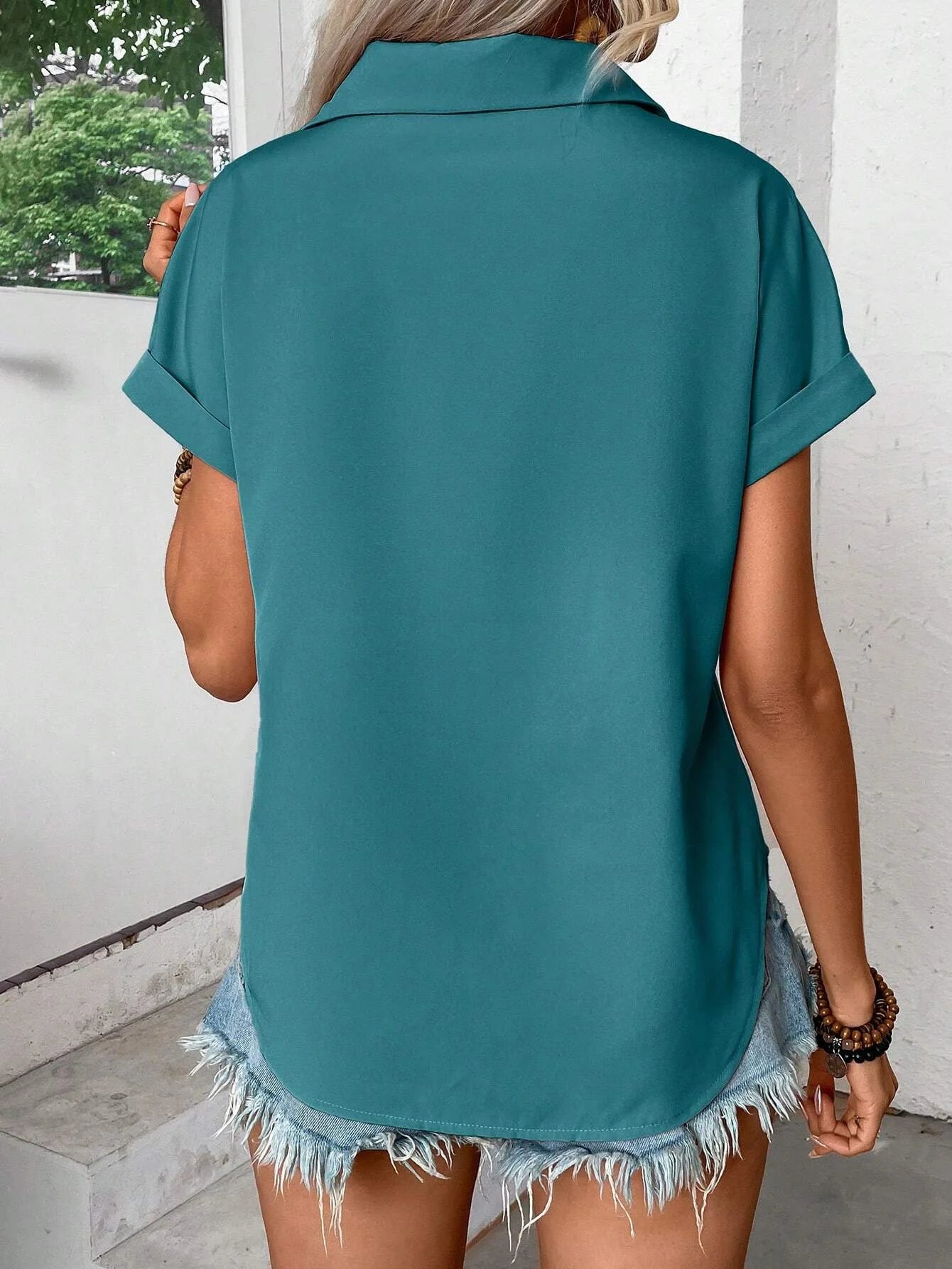 Women's Solid Color Buckle Lapel T-shirts™ Shoulder Pleated Flap Short-Sleeved Tops