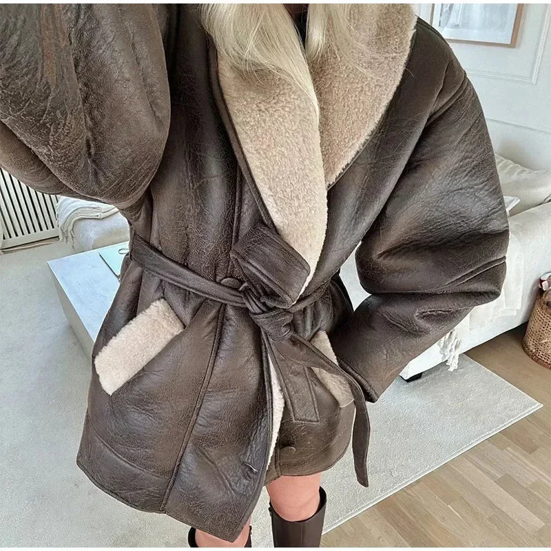 Women's Sheepskin Neck Spliced Faux Leather Coat™ With Belt Fashion Loose Lapel Pocket Overcoat Winter Warm Thicken Streetwear