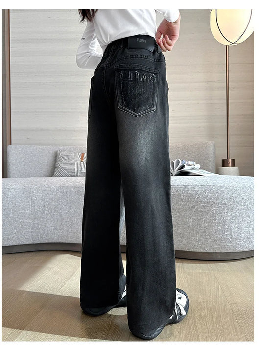 Girls Jeans Vintage Denim Wide Leg Pants™ Kids Casual Solid Trousers