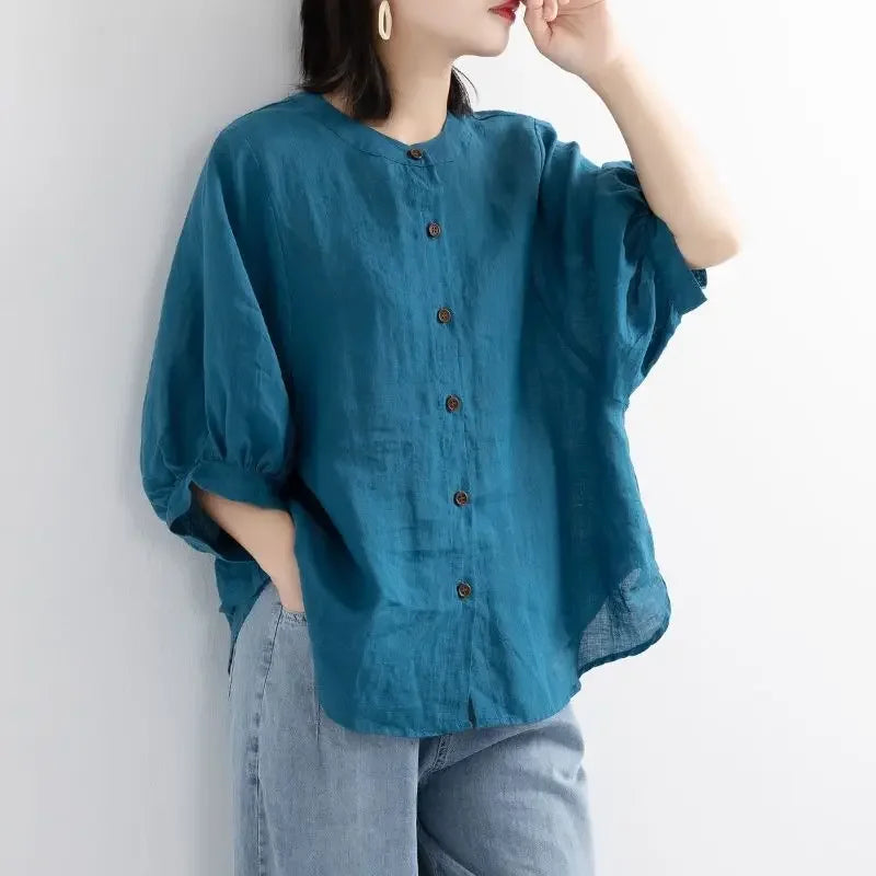 Women's Cotton Linen Shirts™ Loose Fit Round Neck Plus Lantern Sleeve Shirt