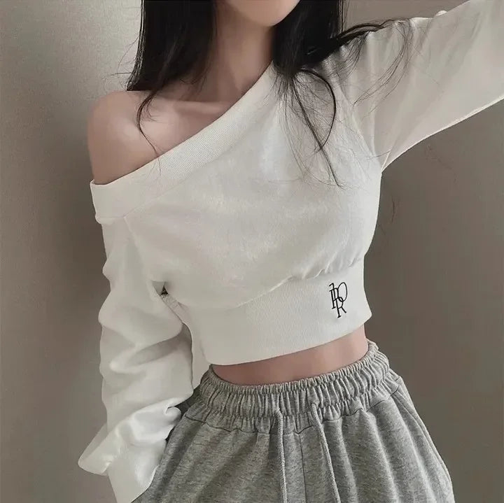Women's Off-the-shoulder Sweatshirt™ Cropped Top Embroidery Loose-fit Windy Sweatshirt