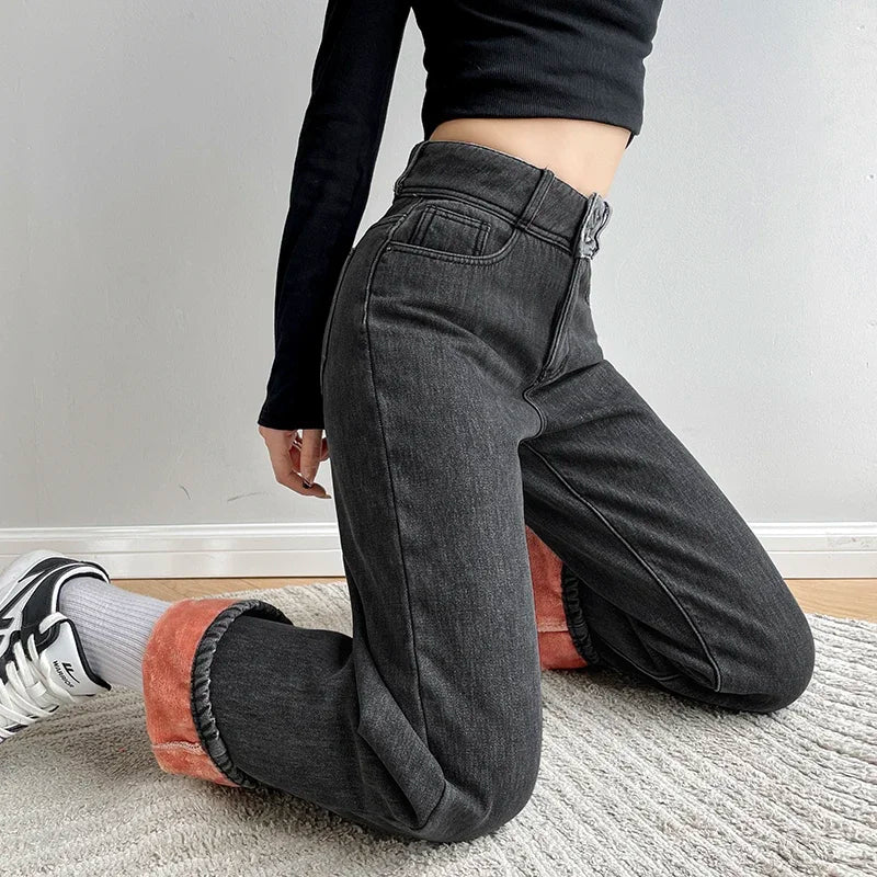 Women's Fleece Wide Leg Jeans™ Winter Warm Vintage Baggy High Waist Loose Straight Denim Pants