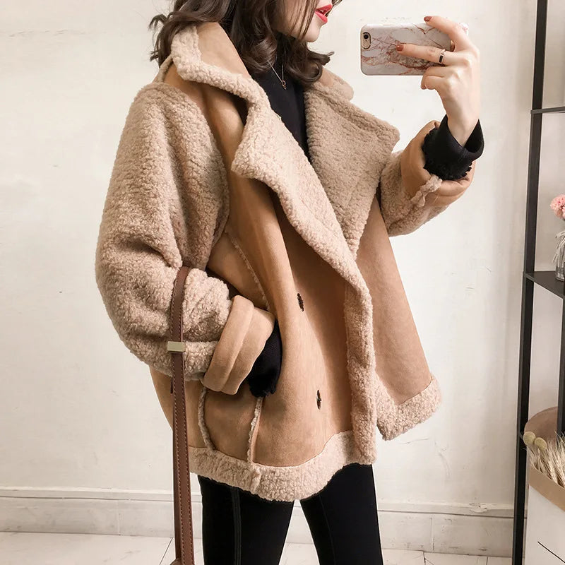 Woman's Lamb Wool Plush™ Shearling Long Sleeve Casual American Retro Short Jacket