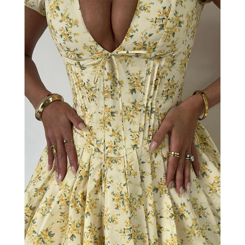 Women's Elegant Retro Print Y2K Dress™ Short sleeved Ruffled Aesthetic Dress
