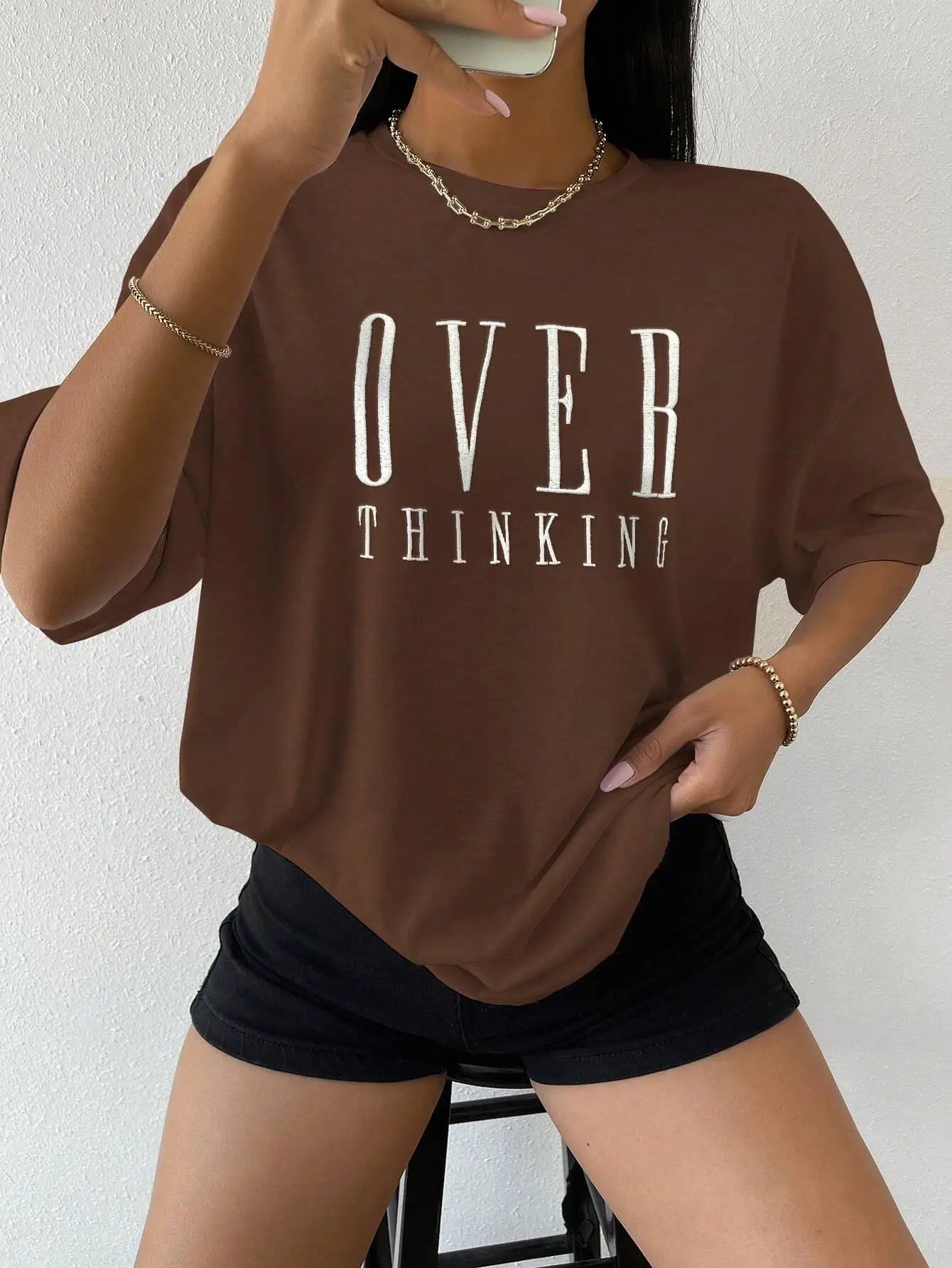 Over Thinking Letter Print Women's Cotton Short Sleeve Vintage T-shirt™ Breathable O-Neck T-Shirts